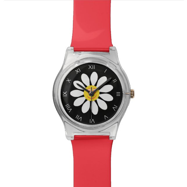 Cute Happy Face Girly White Daisy Flower on Black Watch (Close Up)