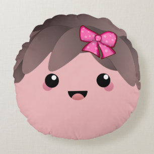 Cute happy face kawaii Japanese cartoon doll pink Round Cushion