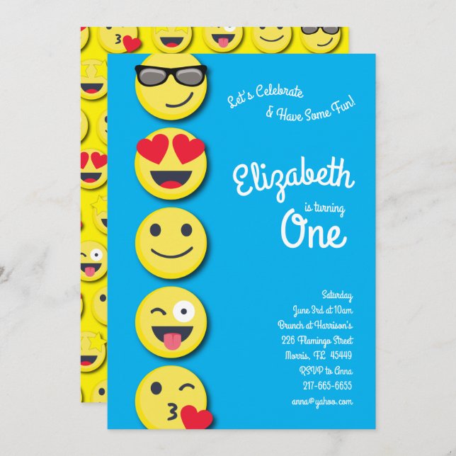 Cute Happy Face Kids 1st Birthday Party Invitation (Front/Back)