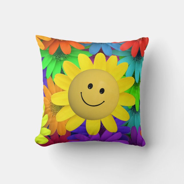 Cute Happy Face Multicolored Flowers Cushion (Front)