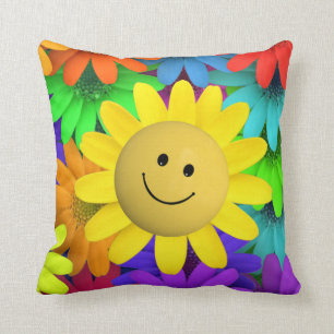 Cute Happy Face Multicolored Flowers Cushion