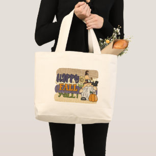 Cute Happy Fall Y'all gnome Seasonal Large Tote Bag