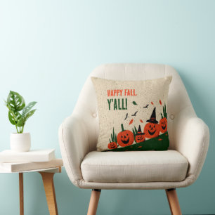 Cute Happy Fall Y'all Pumpkin Witch Hat Cushion