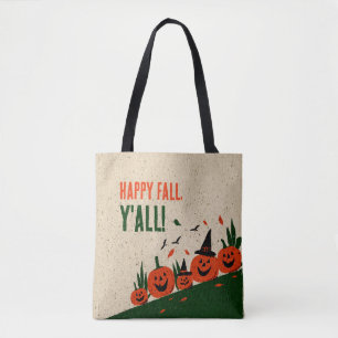 Cute Happy Fall Y'all Pumpkin Witch Hat Tote Bag