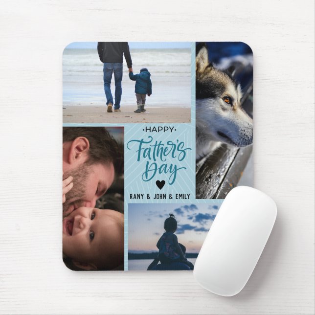 Cute Happy Father's Day Photo Collage Custom Names Mouse Pad (With Mouse)
