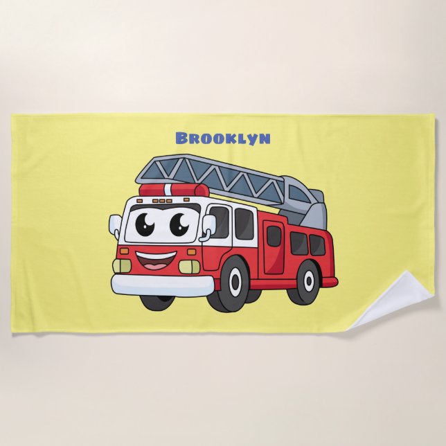 Cute happy fire engine cartoon beach towel (Front)