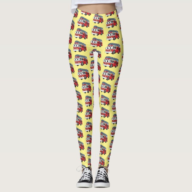Cute happy fire engine cartoon leggings (Front)