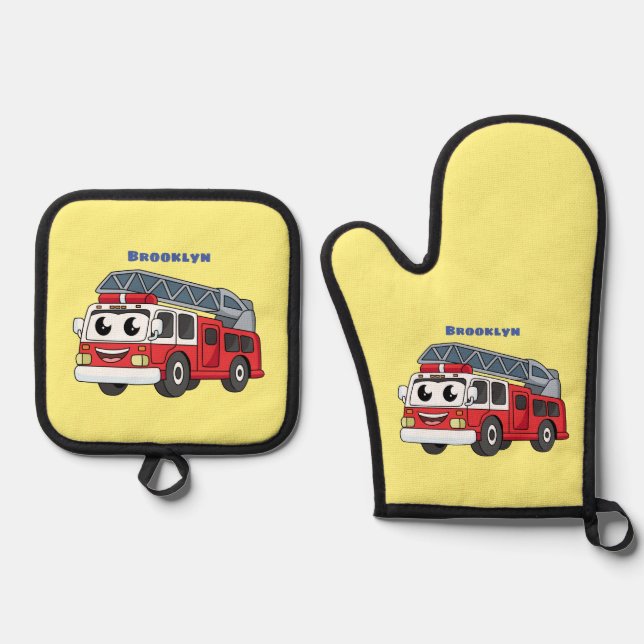 Cute happy fire engine cartoon oven mitt & pot holder set (Front)
