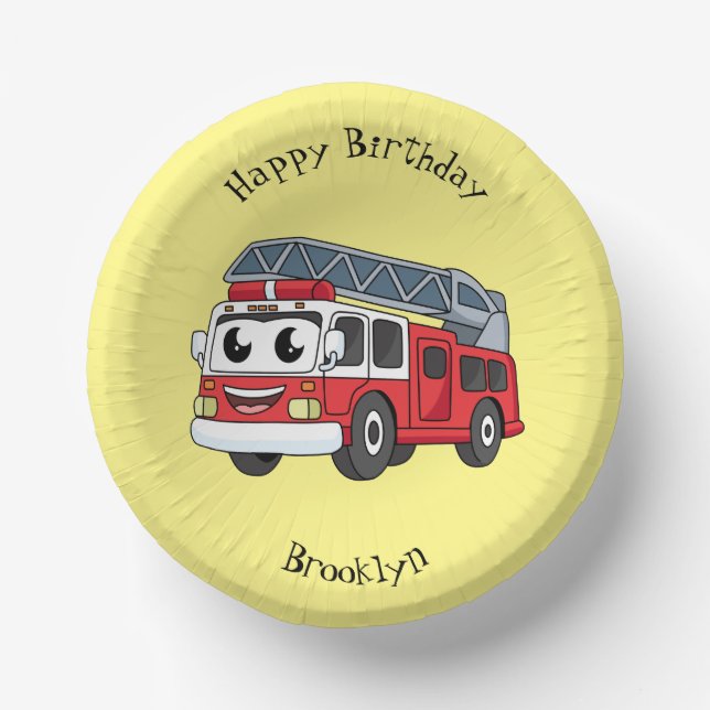 Cute happy fire engine cartoon paper plate (Front)