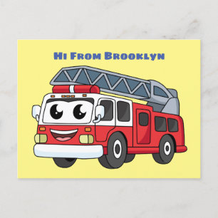 Cute happy fire engine cartoon postcard