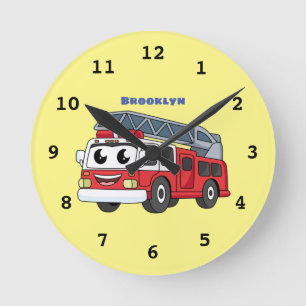 Cute happy fire engine cartoon round clock
