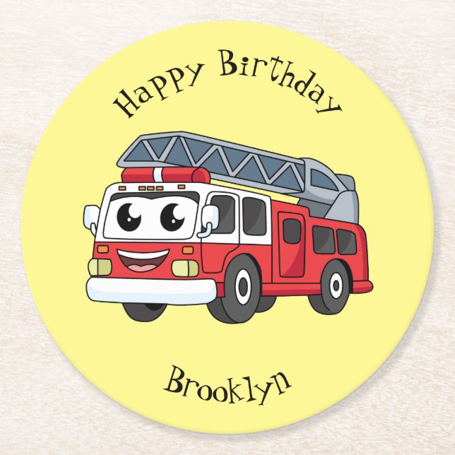 Cute happy fire engine cartoon round paper coaster (Front)