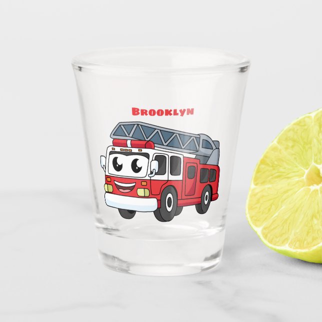 Cute happy fire engine cartoon shot glass (Front)