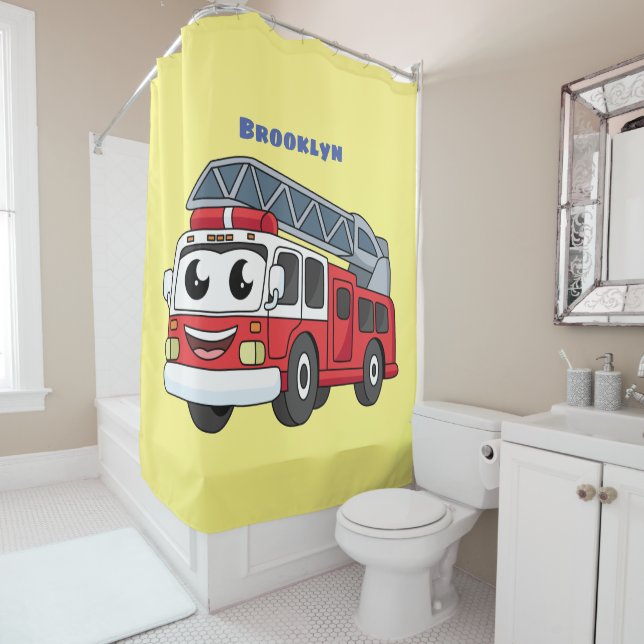 Cute happy fire engine cartoon  shower curtain (In Situ)