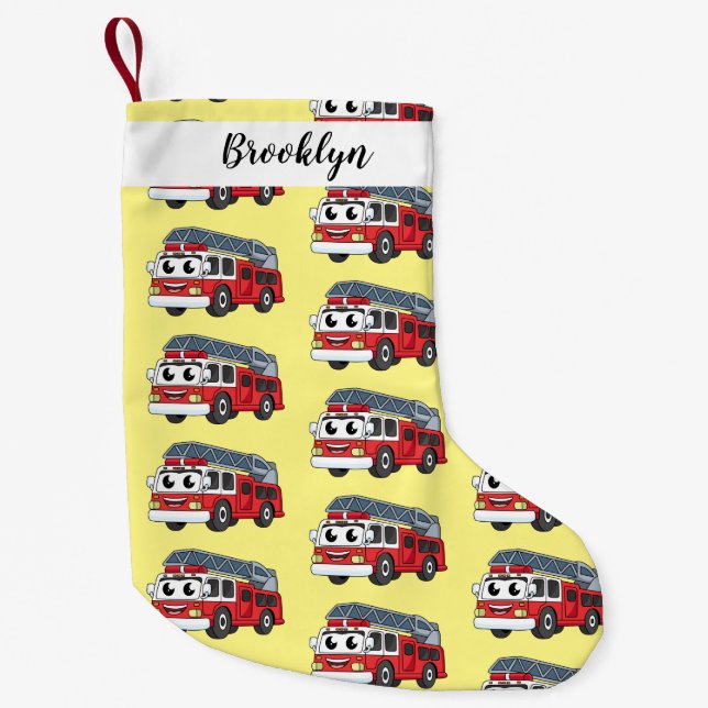Cute happy fire engine cartoon small christmas stocking (Front)