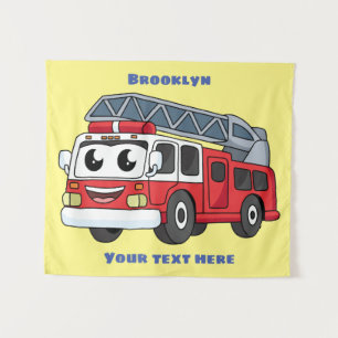 Cute happy fire engine cartoon tapestry