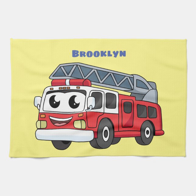 Cute happy fire engine cartoon tea towel (Horizontal)