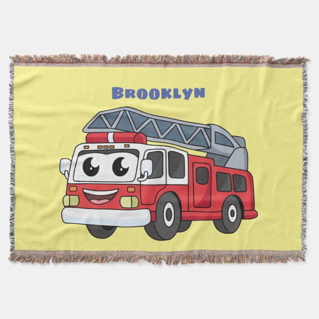 Cute happy fire engine cartoon throw blanket (Front)