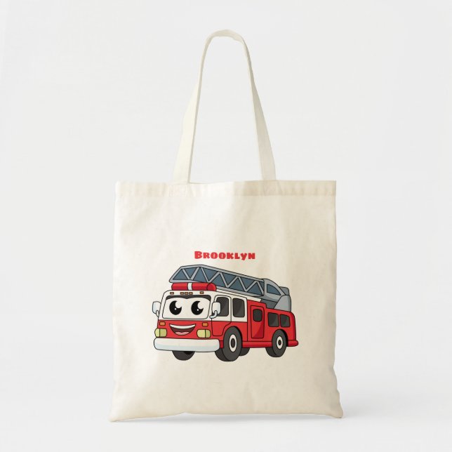 Cute happy fire engine cartoon tote bag (Front)