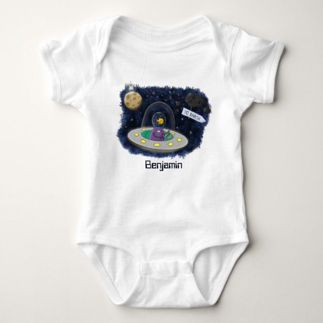 Cute happy fish ufo space cartoon illustration baby bodysuit (Front)