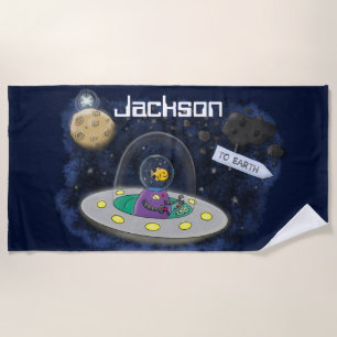 Cute happy fish ufo space cartoon illustration beach towel
