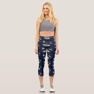 Cute happy fish ufo space cartoon illustration capri leggings