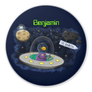 Cute happy fish ufo space cartoon illustration ceramic knob