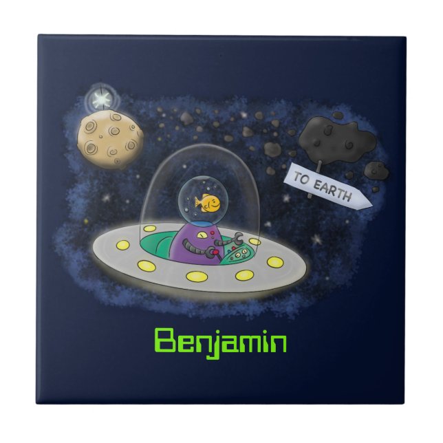Cute happy fish ufo space cartoon illustration ceramic tile (Front)
