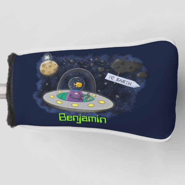 Cute happy fish ufo space cartoon illustration golf head cover (Front)