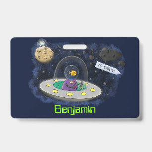 Cute happy fish ufo space cartoon illustration ID badge