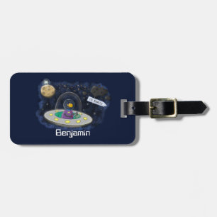 Cute happy fish ufo space cartoon illustration luggage tag