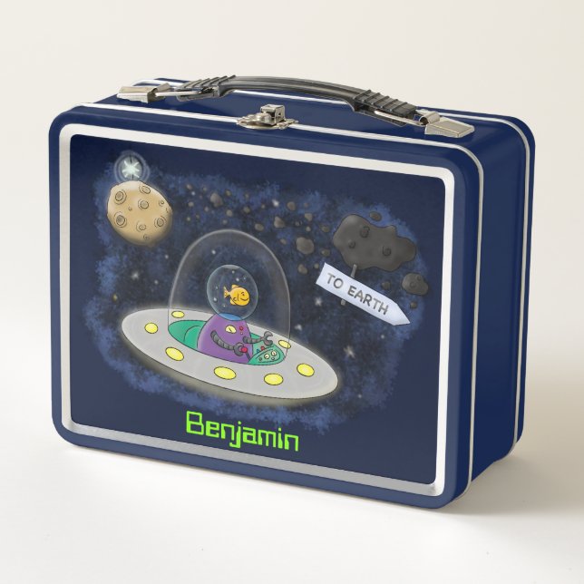 Cute happy fish ufo space cartoon illustration metal lunch box (Front)