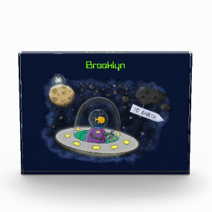 Cute happy fish ufo space cartoon illustration photo block