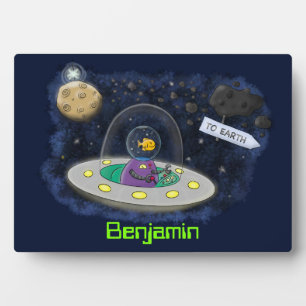 Cute happy fish ufo space cartoon illustration plaque