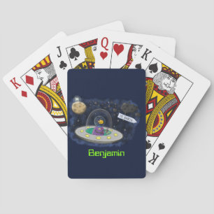 Cute happy fish ufo space cartoon illustration playing cards