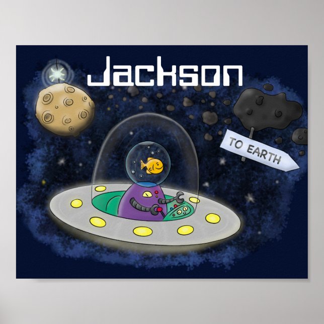 Cute happy fish ufo space cartoon illustration poster (Front)