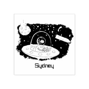 Cute happy fish ufo space cartoon illustration rubber stamp