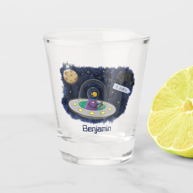 Cute happy fish ufo space cartoon illustration shot glass (Front)
