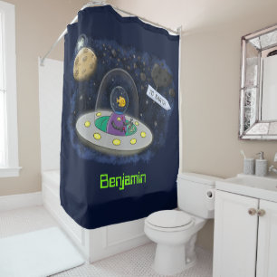 Cute happy fish ufo space cartoon illustration shower curtain