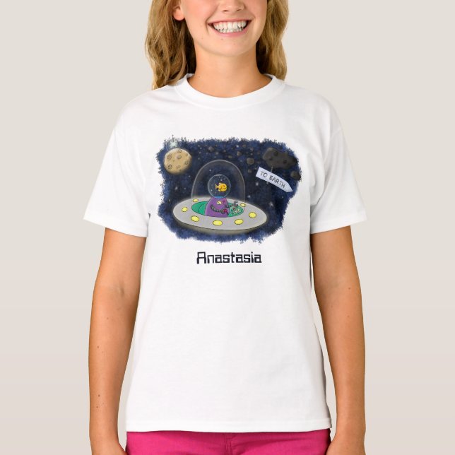 Cute happy fish ufo space cartoon illustration T-Shirt (Front)