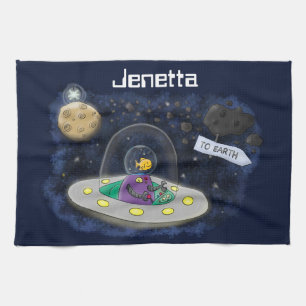Cute happy fish ufo space cartoon illustration tea towel
