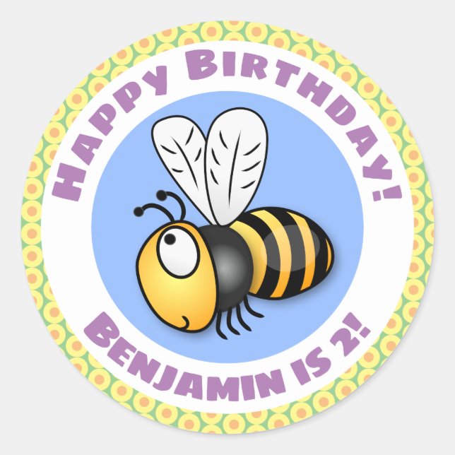 Cute happy flying bee yellow cartoon illustration classic round sticker (Front)