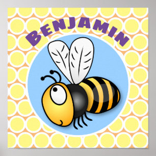 Cute happy flying bee yellow cartoon illustration poster