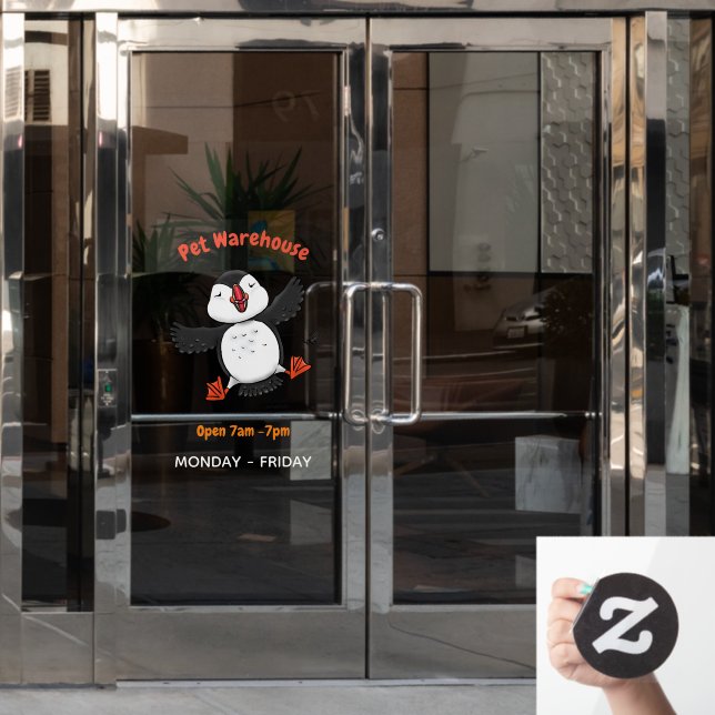 Cute happy flying puffin blue cartoon illustration (Office Door)