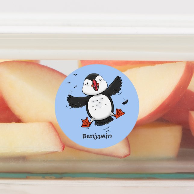 Cute happy flying puffin blue cartoon illustration (Affixed)