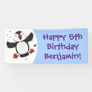 Cute happy flying puffin blue cartoon illustration banner