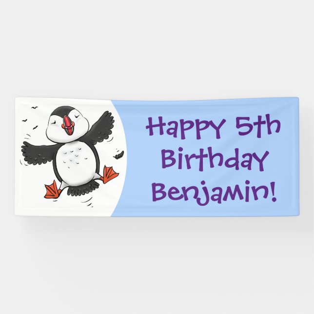 Cute happy flying puffin blue cartoon illustration banner (Horizontal)