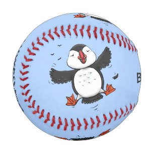 Cute happy flying puffin blue cartoon illustration baseball