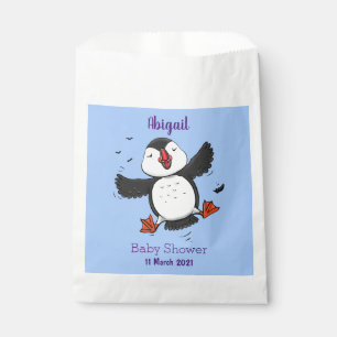 Cute happy flying puffin blue cartoon illustration favour bag