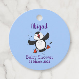 Cute happy flying puffin blue cartoon illustration favour tags